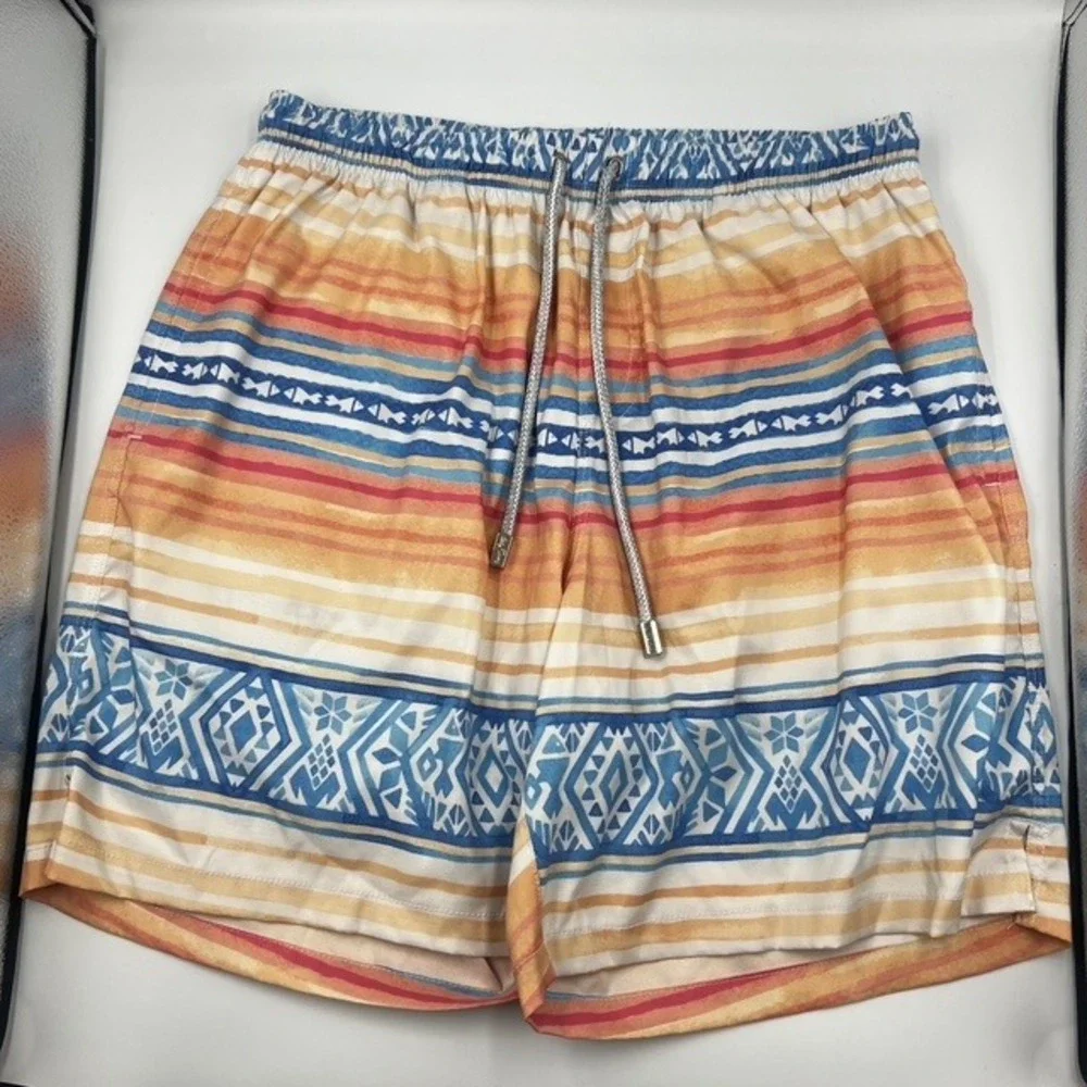 Kenny Flowers Men's XL Orange & Blue Geometric Striped Lined Swim Trunks